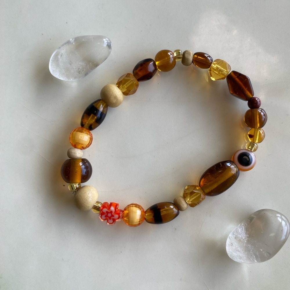 Amber Moods Yellow & Brown Tones Mixed Beads Beaded Bracelet Evil Eye Daisy Gold
